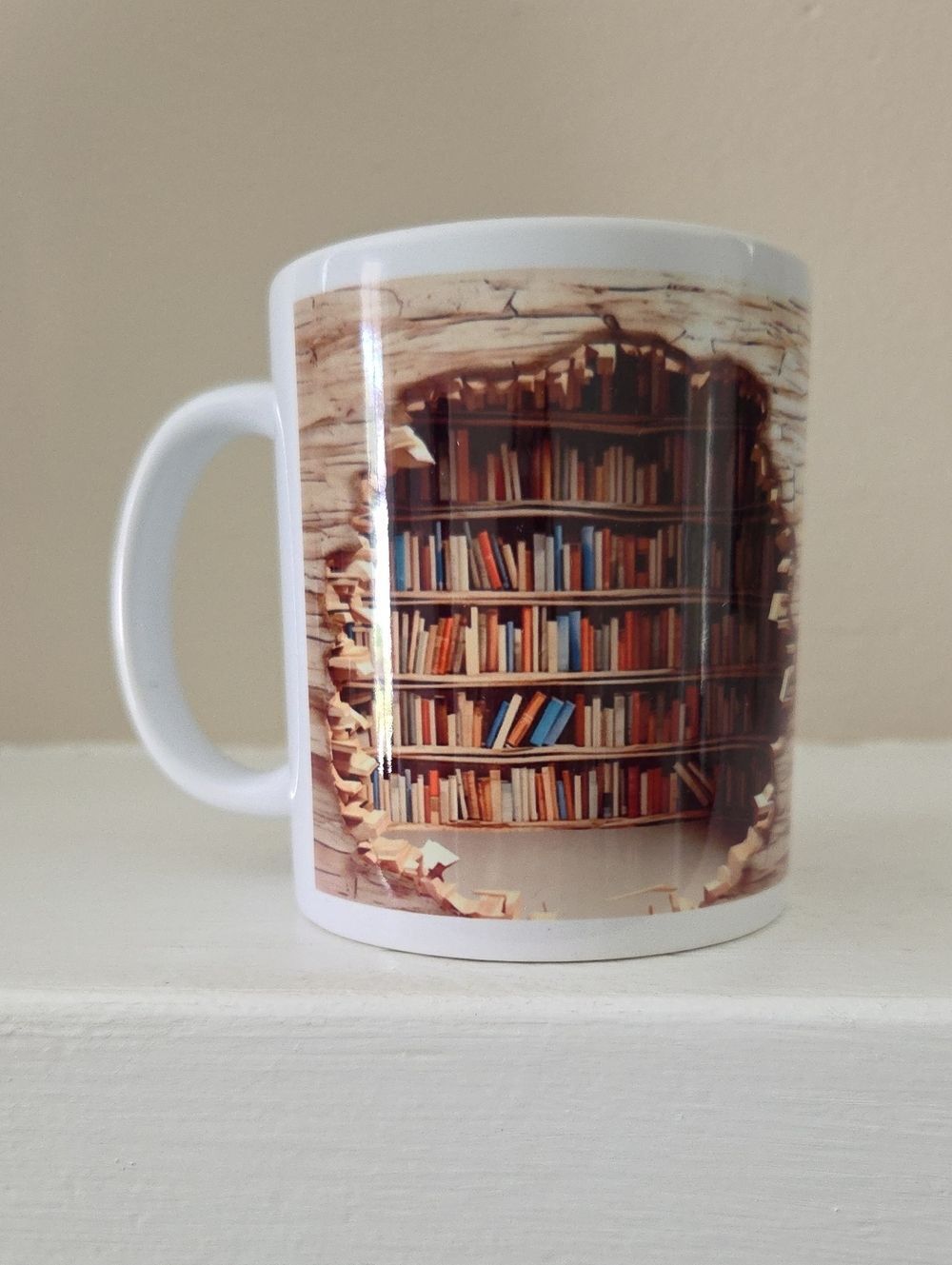 NWOT White Ceramic Coffee Mug with Bookshelf Print